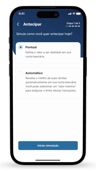 Aplicativo Keepay, tela Antecipar: simulação pontual ou automática