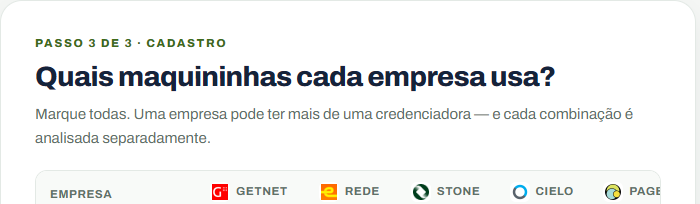 Tela da Rekeep: o cliente marca quais maquininhas cada empresa usa (Getnet, Rede, Stone, Cielo, PagSeguro)