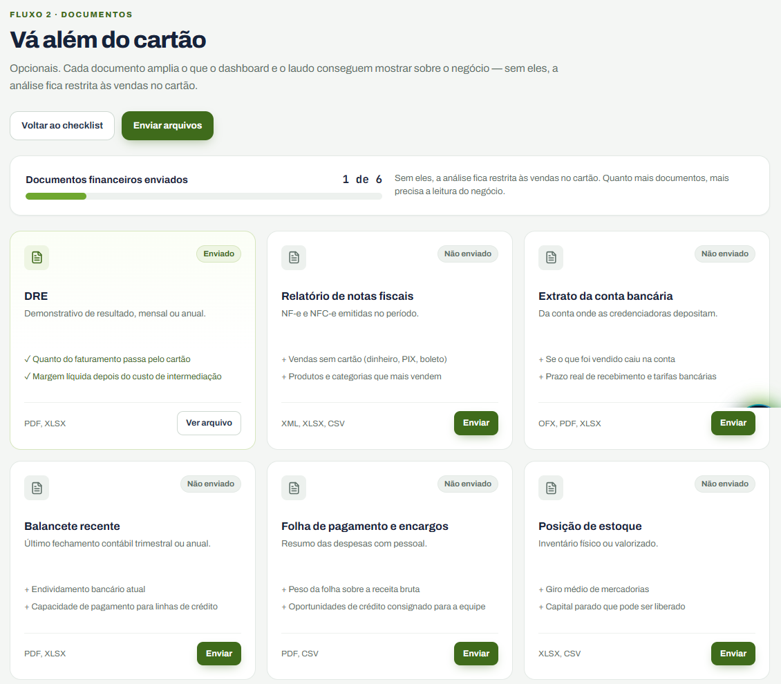 Tela da Rekeep com os seis documentos financeiros opcionais: DRE, notas fiscais, extrato bancário, balancete, folha e estoque