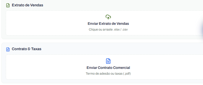 Tela da Rekeep: envio do extrato de vendas em .xlsx ou .csv e do contrato comercial em PDF